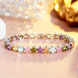 Brazalete BeaQueen Classic Full CZ Piedra Cristal Joyería de compromiso Romántico Multicolor Cubic Zirconia Pulseras de eslabones de cadena para mujeres B241 230824