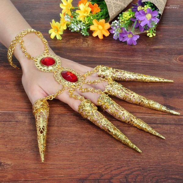 Brazalete Accesorios de ropa de danza del vientre Pulsera Uñas de dedo con joyería roja artificial y pieza de muñeca ajustable para bailarina