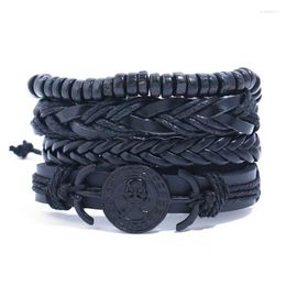 Armreif Schwarz Legierung Schädel Armbänder Punk 4 Teile/satz Vintage Holz Perlen Echtes Leder Armbänder Männer Armband Frauen Homme Schmuck