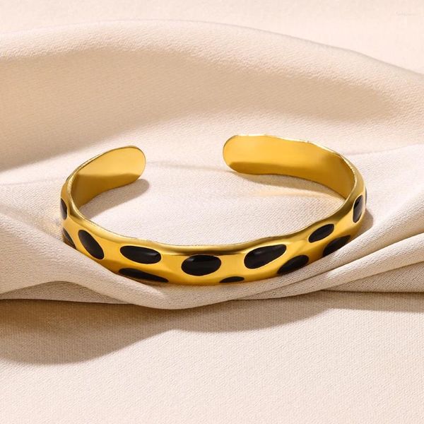 Brazalete con manchas de aceite de goteo negro, bonitos brazaletes para mujeres y niñas, joyería de Color dorado, brazalete ajustable de acero inoxidable para uso diario