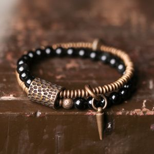 Bangle zwarte Obsidiaan kralen armband gehamerd messing twee rij gezondheid Unisex sieraden voor vrouwen unieke handgemaakte gepersonaliseerde armband 230726