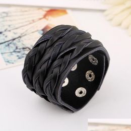 Bracelet Black Rows Braid Cuir Bracelet Manchette Mtilayer Wrap Bouton Bracelet réglable Bracelet pour hommes Femmes Bijoux de mode Drop Del Dhnwk