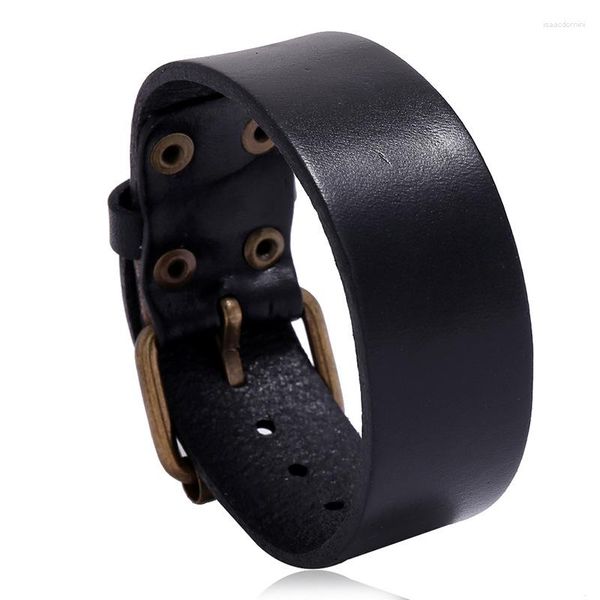 Bracelet noir simplicité Bracelet à breloques en cuir véritable pour hommes largeur Style Punk Vintage Bracelet en peau de vache bijoux de mode