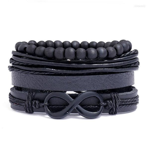 Brazalete Cuentas de madera negra Encanto Aleación Tejido a mano Hombres Pulseras de cuero genuino Mujeres Ajustable Joyería vintage AccesoriosBangleBangle In