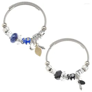 Brazalete Azul Negro Esmalte Elefante Charms Pulsera Hombres Brazaletes de acero inoxidable ajustables para mujeres Hoja Colgante Pulsera Pulseras de cuentas