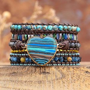 Bracelet Blue Love Emperor Stone BOHO Stone Bracelet Bracelet en cuir Big Stone 5 Wrap Bracelet pour cadeaux Gemstone Bracelet En gros