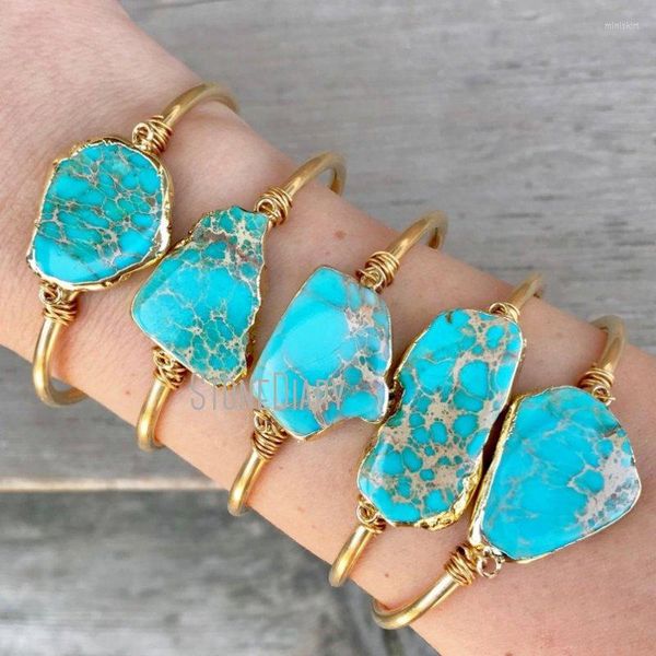 Bracelet BM14727 Aqua Blue Ocean Jasper Turquoise Stone Boho Jewelry Cadeau en laiton brut