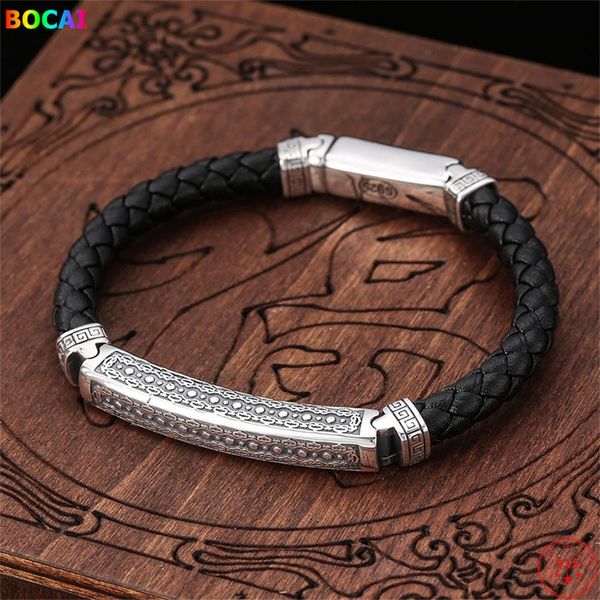 Brazalete BOCAI 100% S925 pulseras de plata esterlina para mujeres y hombres Retro auspicioso nube tótem cadena de cuero puro Argentum encanto brazalete