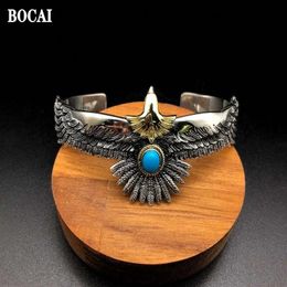 Bracelet BOCAI Nouveau Pur S925 Bijoux En Argent À La Mode Plume Aigle Logo Bleu Pierre Flying Eagle Rétro Hommes Bracelet Cadeau De La Saint-Valentin