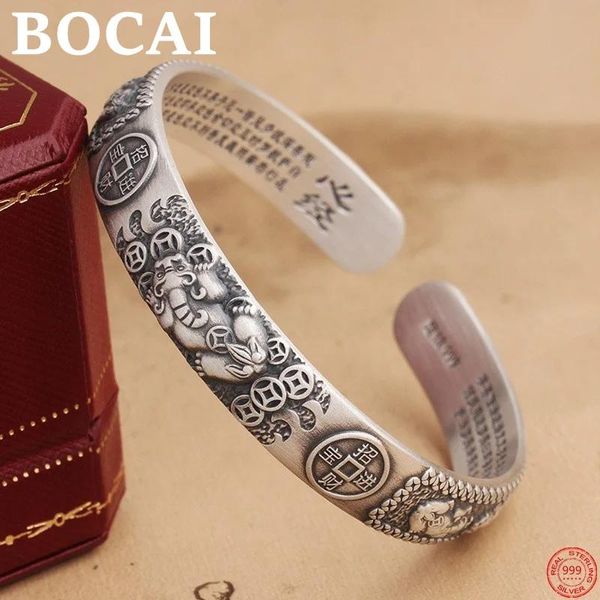 Bangle Bocai S999 STERLING Silver Charmets Heart Sutra Pixiu Anciente Monada Bangle Pure Argentum Jewelry Gift for Women and Mother