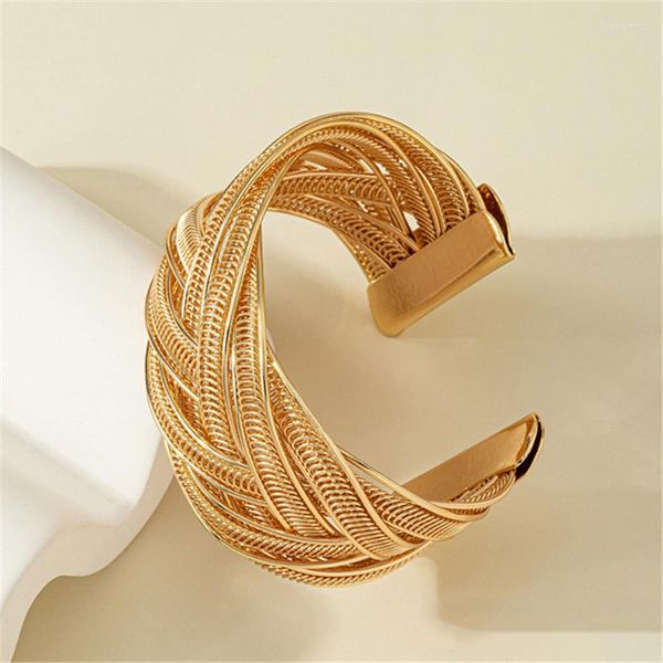 Brazalete Bohemia Moda en lujosas pulseras de tendencia Tejido de metal Electrochapa Oro Pulsera de acero inoxidable abierta para mujer Joyería