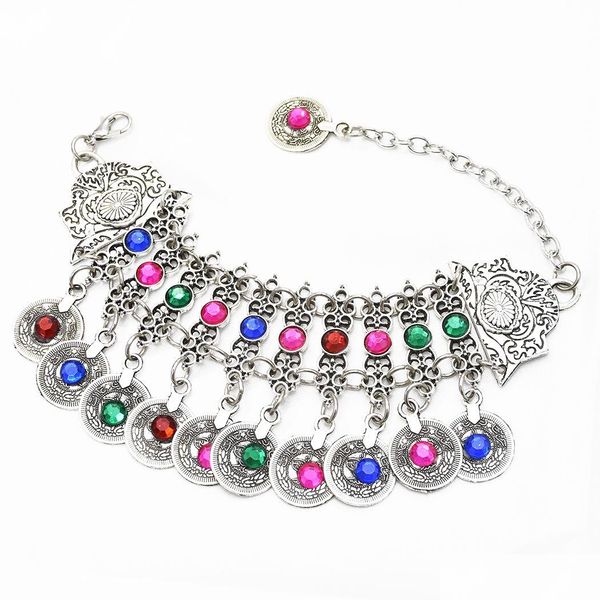 Brazalete Bohemia Gypsy Colorf Rhinestone Flor Tobillera Moneda Danza del Vientre Pulsera Brazalete Brazo Indio Turquía Étnico Tribal Playa Joyería D DHZJD