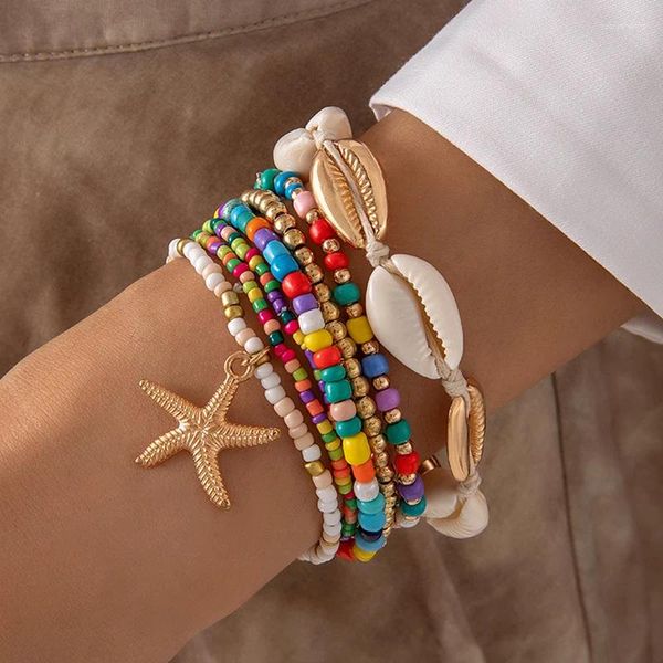 Brazalete bohemio de Color dorado con concha de estrella de mar para mujer, pulseras con cuentas para mujer, accesorios de joyería informales para playa y verano, regalo de amistad