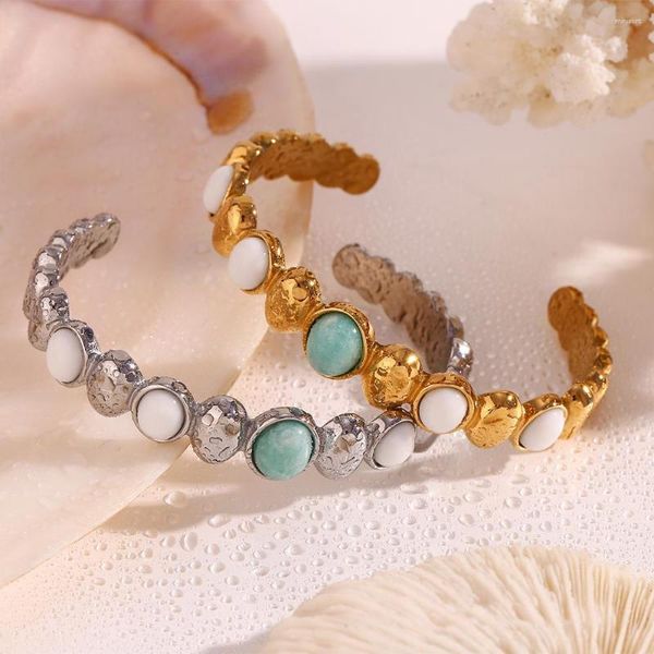 Bracelet bohème forme ovale pierre Tianhe blanc Jade ouverture couleur or argent étanche acier inoxydable bracelets pour femme