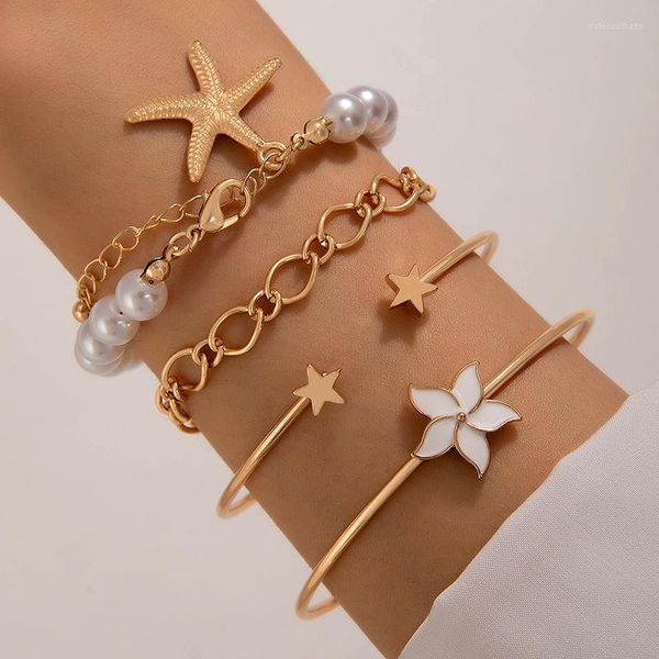 Brazalete bohemio estrella de mar flor estrella abierta conjunto para mujer aleación geométrica perla piedra gota aceite pulsera 4/pieza 23414