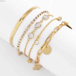 Brangle Boho Snake Flat Bone Chain Rhingestone Sequin Pendant Bracelet Set Lady Geometric Fashion Bracelets Combination Girl Jewelryl240417