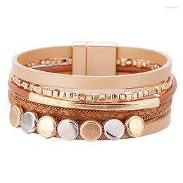 Bangle Boho Multilayer Leather Wrap Armbanden Voor Vrouwen Mannen Punk Goud Koper Buis Magnetische Sluiting Armband JewelryBangle