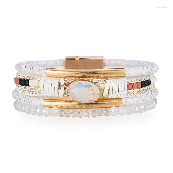 Bracelet en cuir PU de Style Boho, bijoux pour femmes, tuyau en cuivre, accessoires en cristal, multicouches, ornements à main large