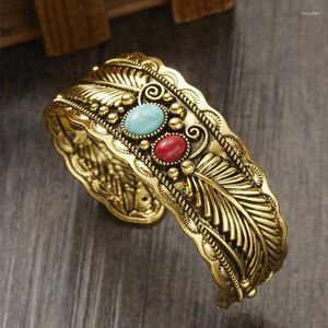 Bracelet Boho Vintage Pierre Naturelle Manchette Ouverte Large Bracelet Pour Femmes Antique Rouge Feuille De Cristal Bijoux