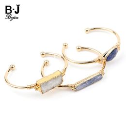 Bangle bojiu Stone Natural Goldcolor Bracles de manchette ouverte pour les femmes Boho fil enveloppé rectangle Armatet Femelle Bangle Meilleur cadeau BR038