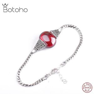 Brazalete BOTOHO, pulseras de piedras preciosas rojas granate tan hermosas para mujer, pulseras de marcasita brillantes Vintage, joya de plata tailandesa de plata 925