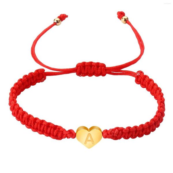 Bracelet Jonc Femme Personnalisé 26 Initiales Plaqué Or Lettre Tissée Charme Coeur Délicat Rouge