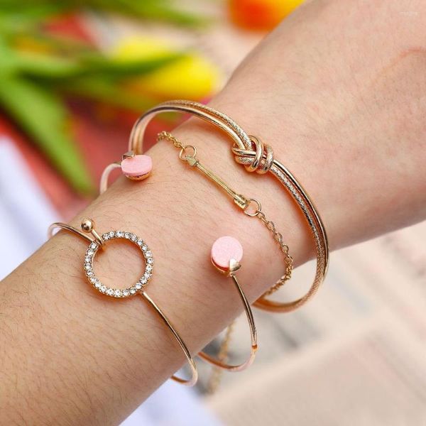 Brazalete Conjunto de pulsera Oro Plata Color Flecha Nudo Círculo redondo Cristal Multicapa Ajustable Cadena de eslabones abiertos Joyería de mujer 4 piezas