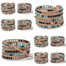 Pulseras de brazalete Clásico 5 Strand Piedras naturales Onyx Cristal Cordón de cuero Correa Wrap Joyería con cuentas Femme Bijoux Drop Entrega Judío DH0HF