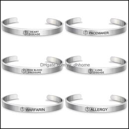 Bangle armbanden sieraden medische alert id armbanden gegraveerbare diabetes roestvrij staal open manchet armband vriendschap druppel levering 2021 fwy8p