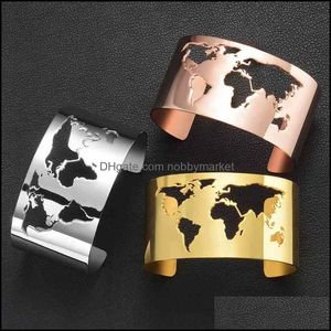 Armband armbanden sieraden wereldkaart cut-out manchet armbanden reizen vrede 35mm brede laser graveren hoog gepolijst roestvrij stalen cirkel hoek druppel