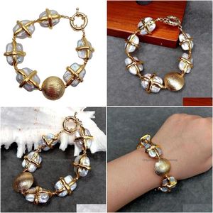 Bangle armbanden y.yying Ctured White Keshi Pearl Rec Shape Gold Ploated Cross Bracelet Design sieraden Drop levering DHV4O