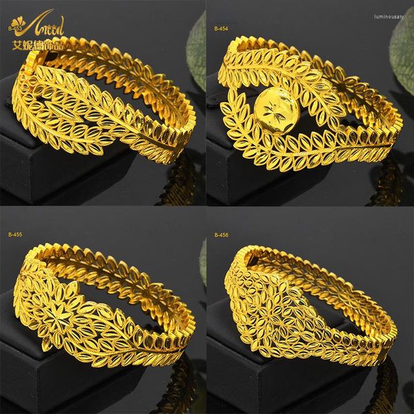 Brazalete de latón con diseño de pavo real, joyería de oro de imitación con hoja de oreja de trigo hueca abierta