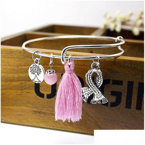 Brazalete Concienciación sobre el cáncer de mama Pulsera con dije de cinta rosa O Étnico Sier Evil Ojos turcos Mano de Hamsa Entrega de gota expandible Joya Dhjqs