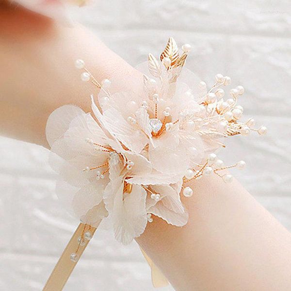 Brazalete de novia, pulsera de dama de honor, flor de muñeca, accesorios de joyería para fiesta de boda, flores de mano artificiales, cinta, pulsera de perlas