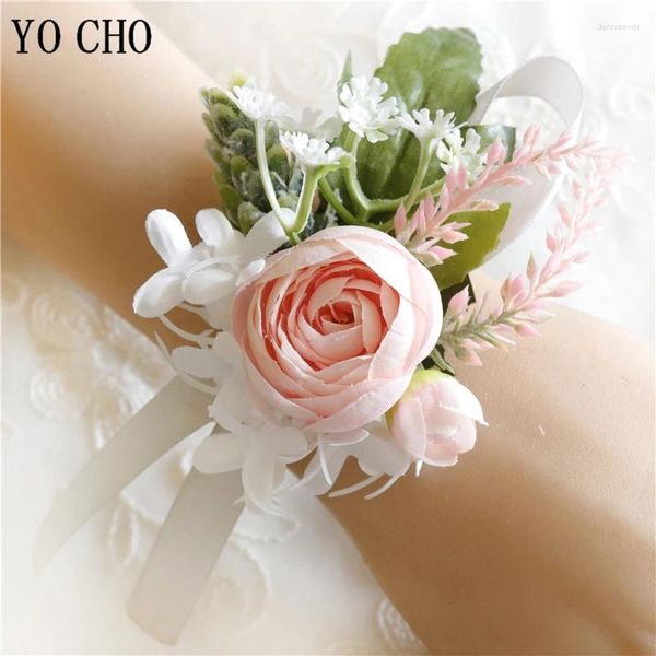 Bangle Bridesmaid Sisters Bangles Fleurs de la main Men Broo Broch Boutonniere Mariage Bracelet Bracelet Ribbon en soie Rose