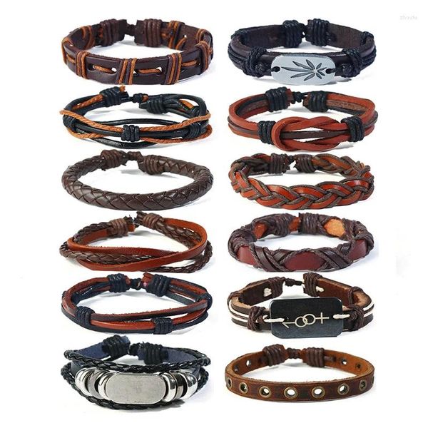 Bracelet Marron 12pcs / set DIY Mix Match Bracelets Wrap Tissé Mode À La Main Hommes Bracelet Femmes En Cuir Réglable Bijoux Cadeau