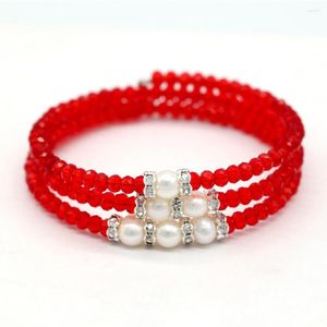 Bangle Christmas Red Crystal Bead Wrap Natuurlijk zoetwater witte parelarmband handgemaakte sieraden manchet GB005
