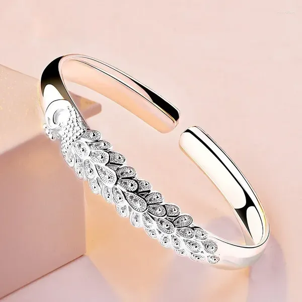 Bangle Chuangcheng S925 Sterling Silver Pulsera para mujeres Pavo real