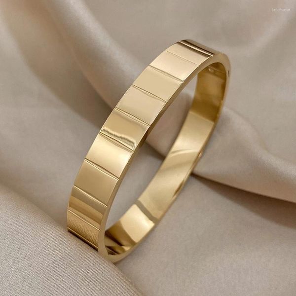 Bracelet épais doré brillant carré en acier inoxydable pour femmes, manchette en treillis à la mode, bijoux imperméables, cadeaux