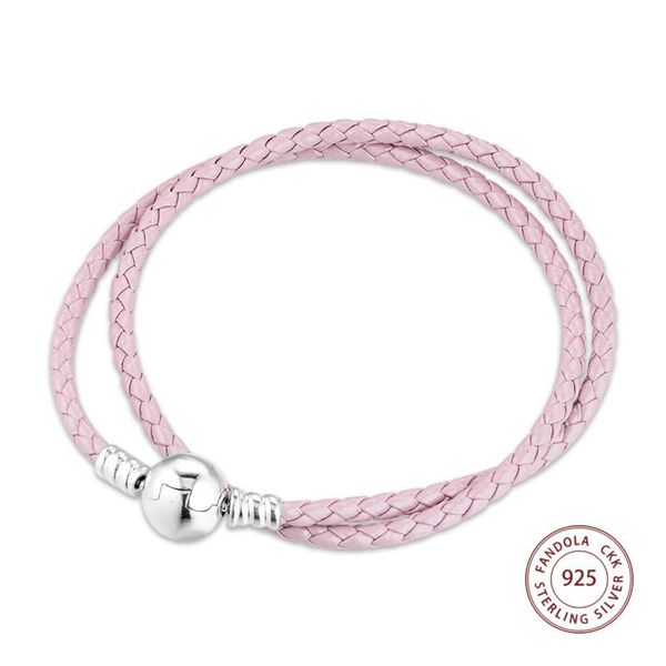 Brazalete CKK con cierre redondo, pulsera de cuero trenzado de color rosa claro, Pulseras de plata de ley 925 para Mujer, joyería fina, Pulseras de regalo para Mujer