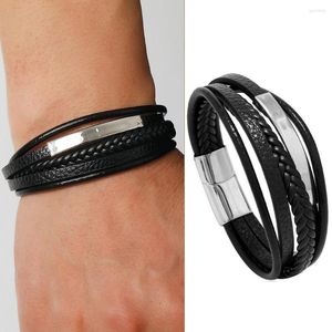 Bangle Classic Multilayer lederen armband voor mannen roestvrij staal zwarte magnetische sluiting knop Vintage gevlochten sieraden