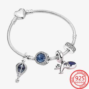 Bangle Classic Original 925 Sterling Silver Air globo de viaje de avión de viaje a Sky Blue Charms Bracelets Joyas de plata