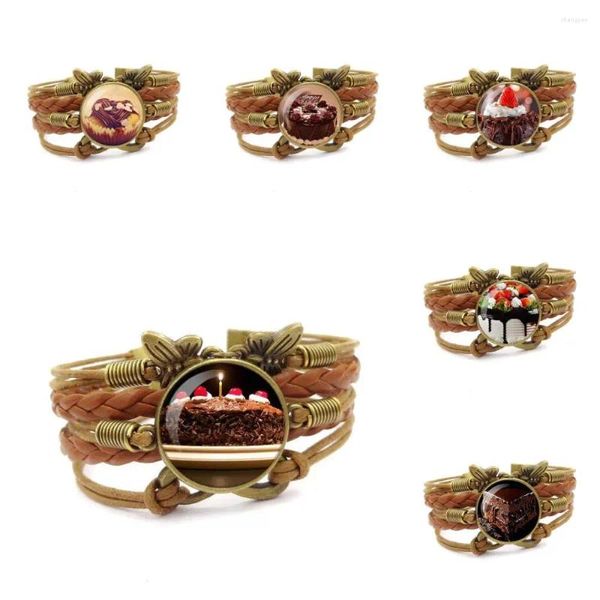 Bracelet Gâteau Au Chocolat Clair Arrivée Verre Multicouche Bracelet En Cuir Marron Déclaration Femmes Bijoux Ronds Pour Les Filles