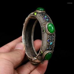 Bangle Collection Chine Tibétain Argent Cloisonné Incrusté Vert Jade Charm Brace Bracelet En Dentelle