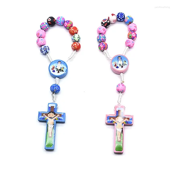 Brazalete colorido polymer arcilla perlas dibujos animados cross de niños pulsador rosario católico joyería de santo cristo joyas