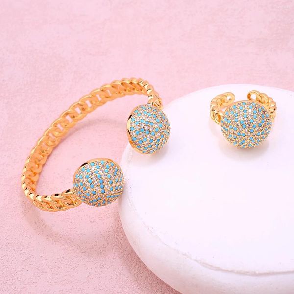 Brazalete de cobre chapado en oro, conjunto de anillo de piedra azul para Mujer, Pulceras Y Brazaletes de tamaño ajustable de Oriente Medio para Mujer