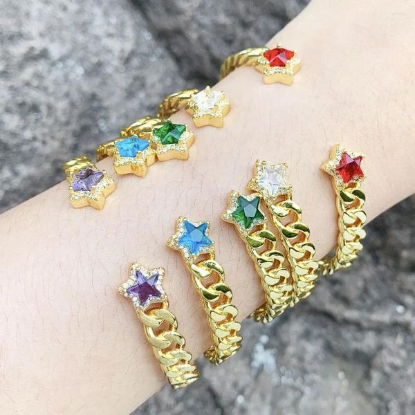 Brazalete de cobre chapado en oro, pulseras con forma de cadena cubana en la mano, brazalete de piedra de cristal de estrella colorida, regalo de joyería de amistad 2023