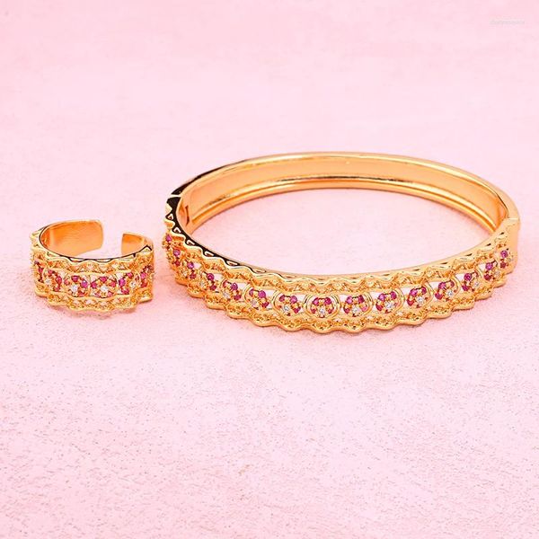 Brazalete De cobre chapado en oro para mujer, conjunto De anillo De oro De Oriente Medio, joyería De boda De lujo, joyería marroquí, bisutería De lujo para mujer