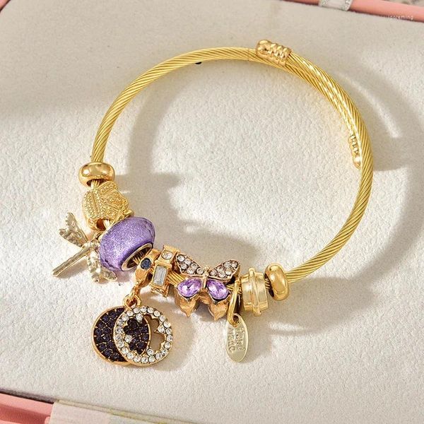 Bracelet en cuivre incrusté de libellule, pendentif en résine, perles, violet