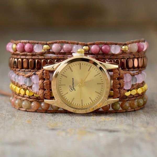 Bracelet créatif 5 brins fantaisie rose jaspe pierres cristal quartz montre wrap perlé montre-bracelet bracelet femmes soeur bohême bijoux